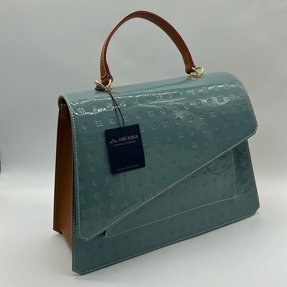 2277- Arcadia Patent Blue Crossbody Bag Made In Italy Patent Leather NWT - Picture 2 of 12